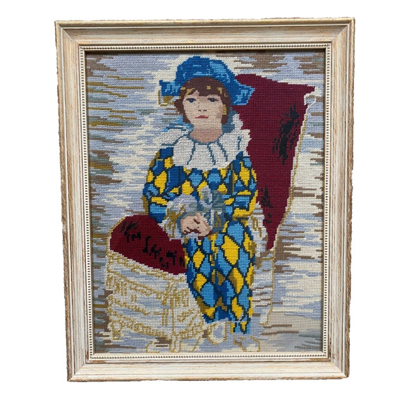 Needlepoint Artwrok Picassos Son Paul Harlequin Costume Gold Professional Frame - Picture 13 of 13